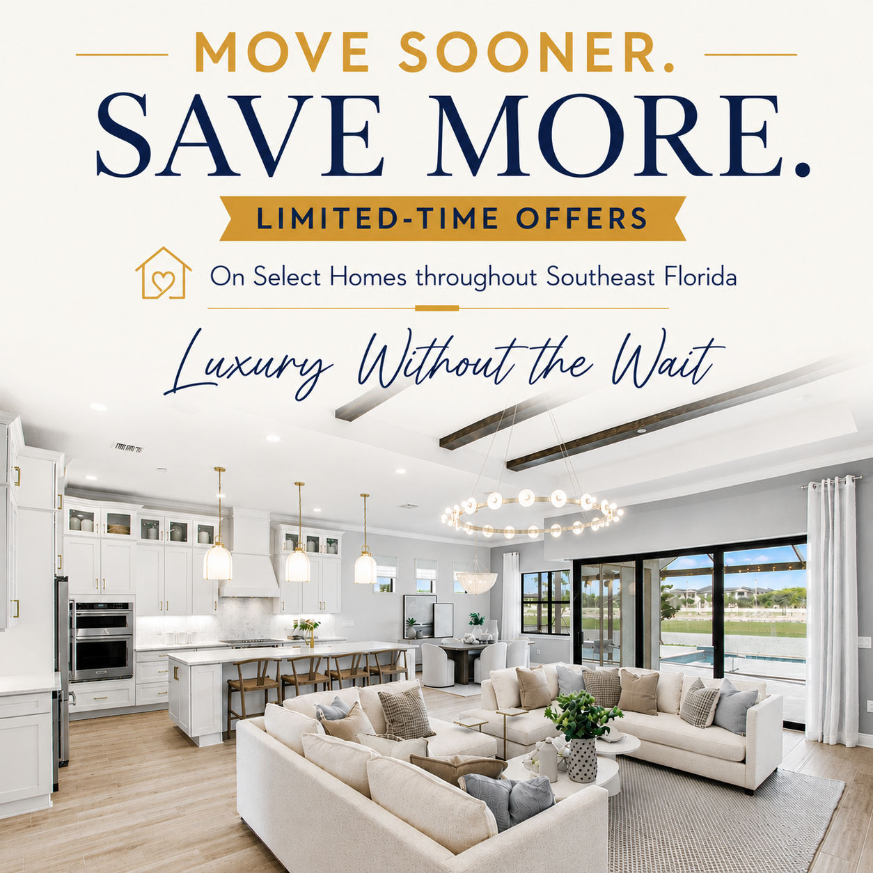Picture of model home with overlay text. Big Savings. Quick Move-In on Select Homes!