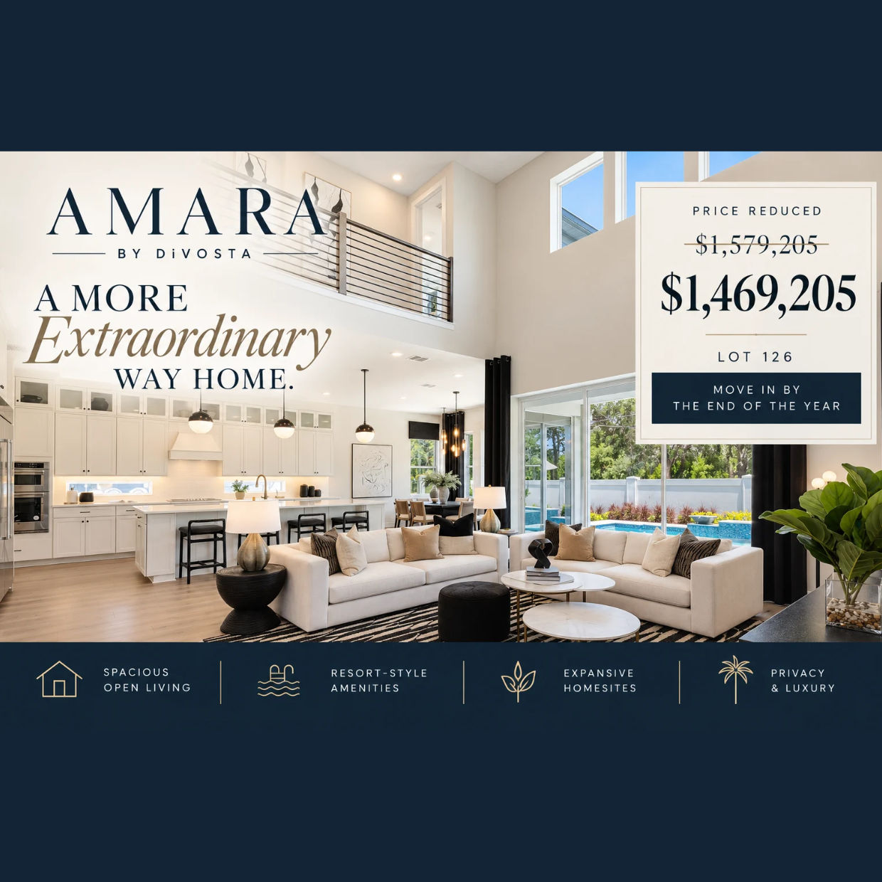 Picture of model home with overlay text. Lot 126, Move In by the end of the year.