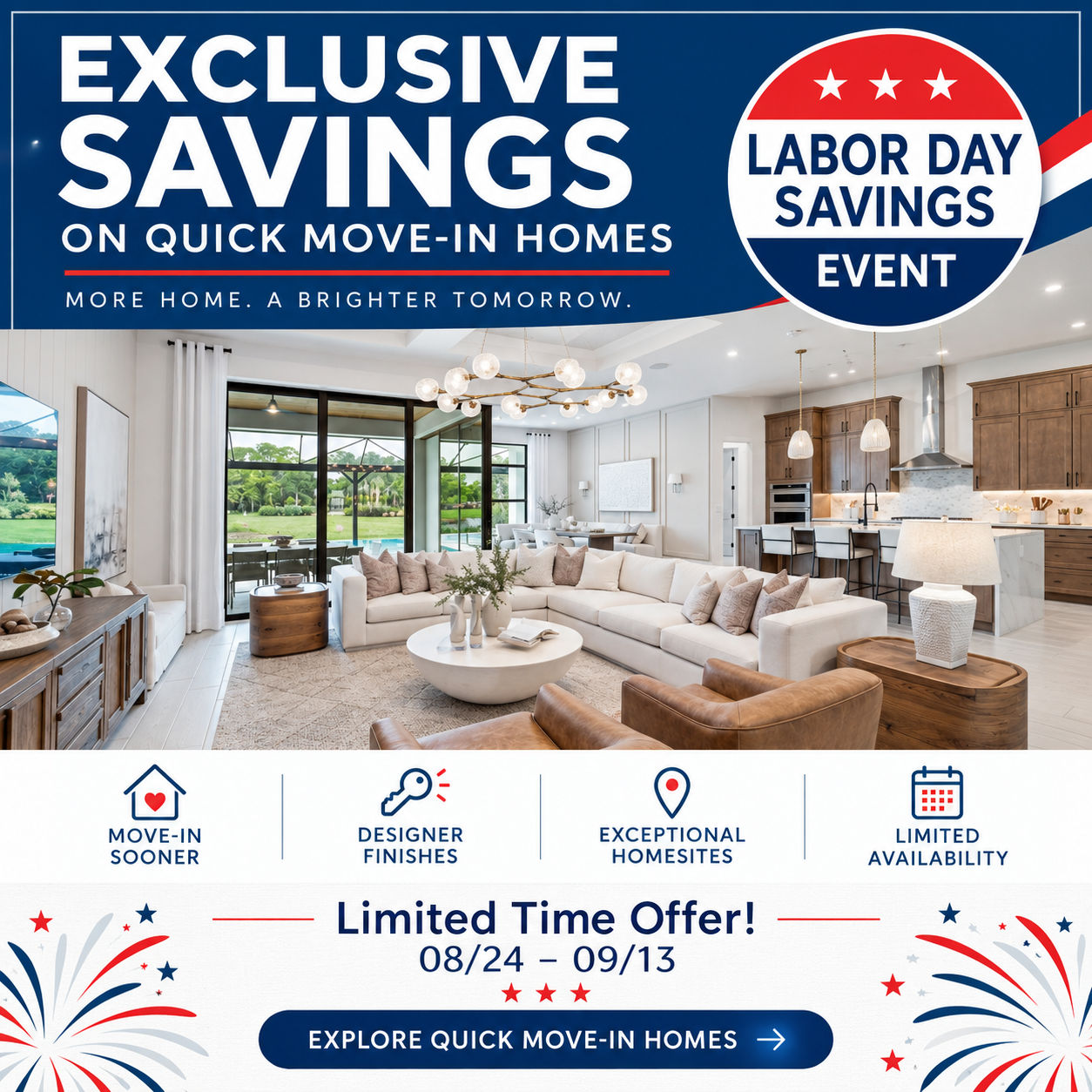 Picture of model home with overlay text. Labor Day Savings Event. Quick Move-In on Select Homes!